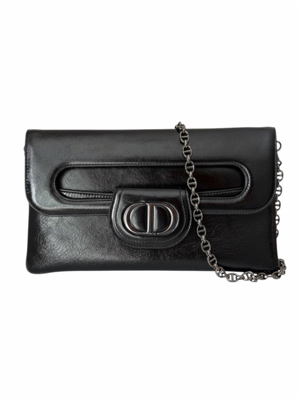 Christian Dior DiorDouble Chain Clutch/Black Calfskin Gunmetal CD Crossbody